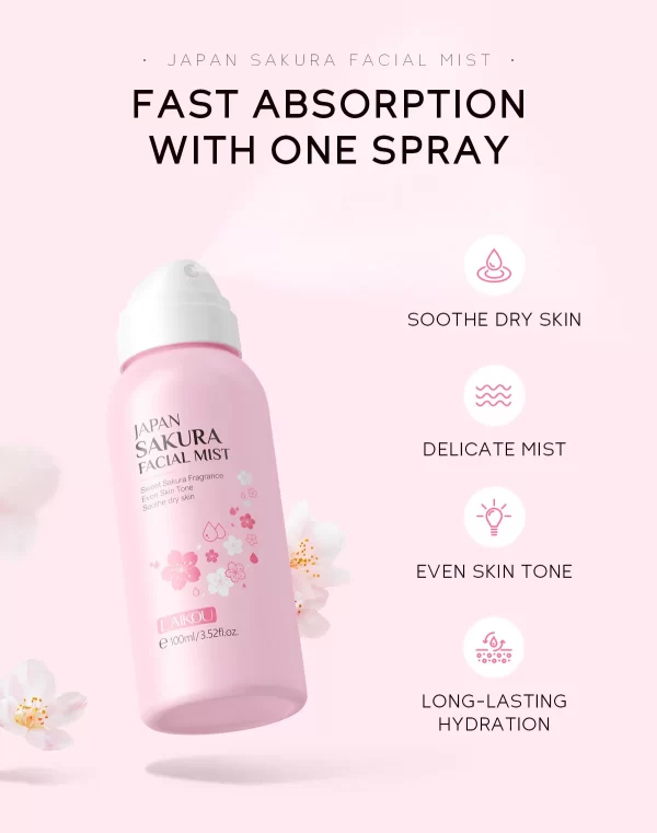 LAIKOU Sakura Facial Mist Brightening Spray Moisturizing Face Serum Brightening Toner Shrink Pores Oil Controlg Skincare 100ml - Image 2